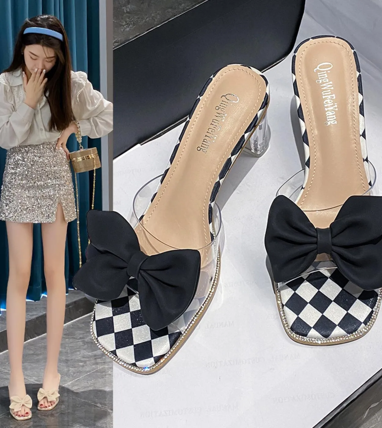 2022 Estate Nuovo Pu Farfalla Nodo Plaid Sandali Delle Donne di Modo Punta A Punta Slip On Signore Ciabatte Scarpe Sottile Tacco