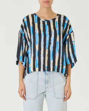 Blusa a mezze maniche nera azzurra e beige in twill di viscosa a motivo a righe pitturate