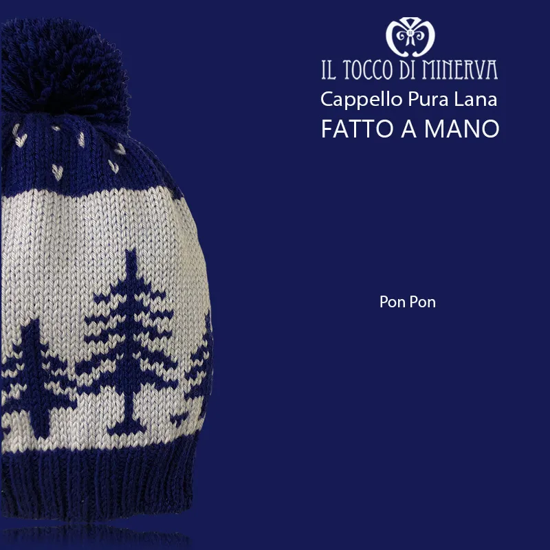 Cappello pura lana Pon Pon alberi blu celeste - Fatto a Mano