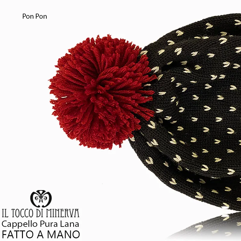 Cappello pura lana Pon Pon nero bordeaux - Fatto a Mano