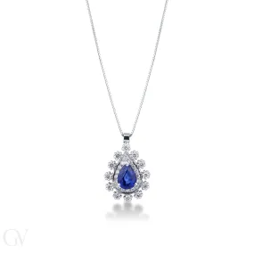 Collana in oro bianco 18k con diamanti e zaffiro blu a goccia