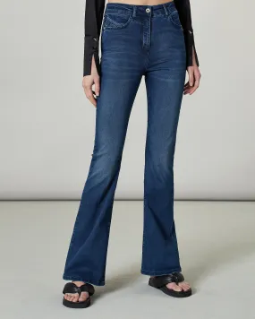 Jeans flare blu in cotone stretch con rivetti a logo Fly in strass a vita alta