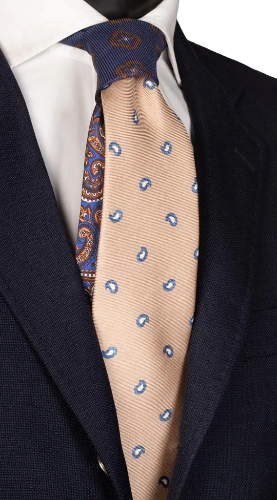 Man Beige Printed Silk Tie Blue White Paisley Blue Contrast Knot N2699