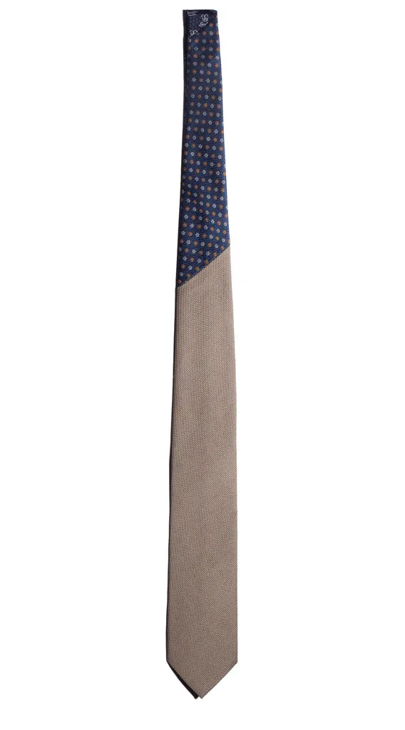 Man Beige Silk Tie Blue Navy Contrast Knot Orange White Flowers N2531