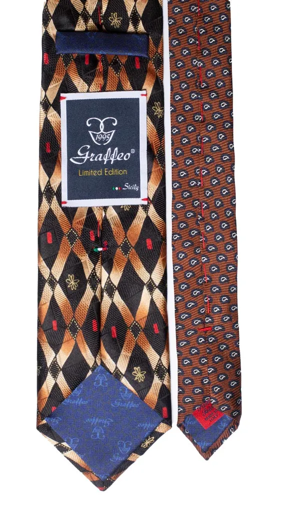 Man Black Printed Silk Tie Brown Beige Pattern Black Contrast Knot N2293