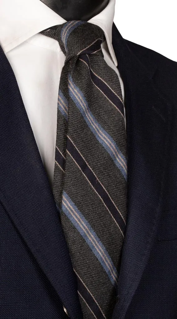 Man Grey Regimental Wool Silk Tie Blue Beige Light Blue Stripes L866