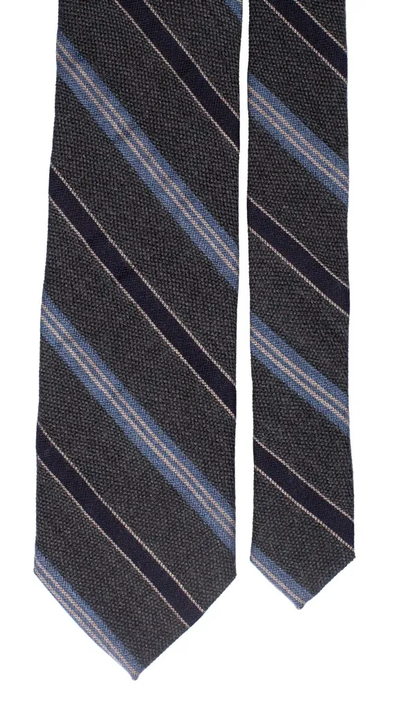 Man Grey Regimental Wool Silk Tie Blue Beige Light Blue Stripes L866