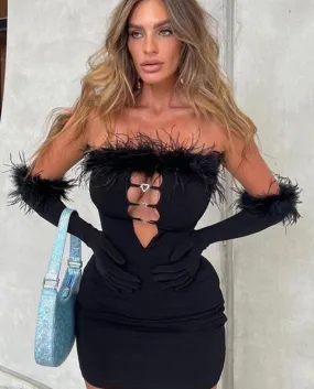 Mini abito senza spalline con rifiniture in piume con guanti Abito aderente ritagliato Abiti eleganti da club per feste autunnal