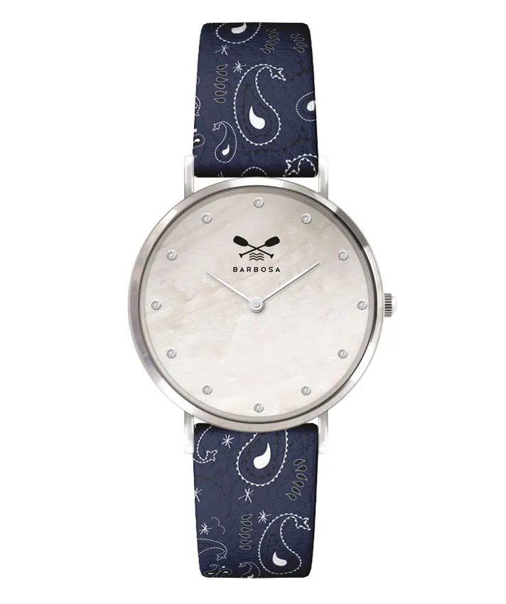 OROLOGIO MADREPERLA CON STRASS dm. 36,5 PELLE STAMPA BANDANA BLU