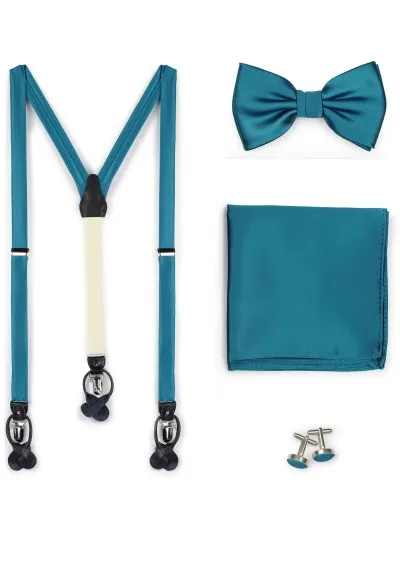 Set: bretelle, papillon, fazzoletto da taschino e gemelli blu-verde
