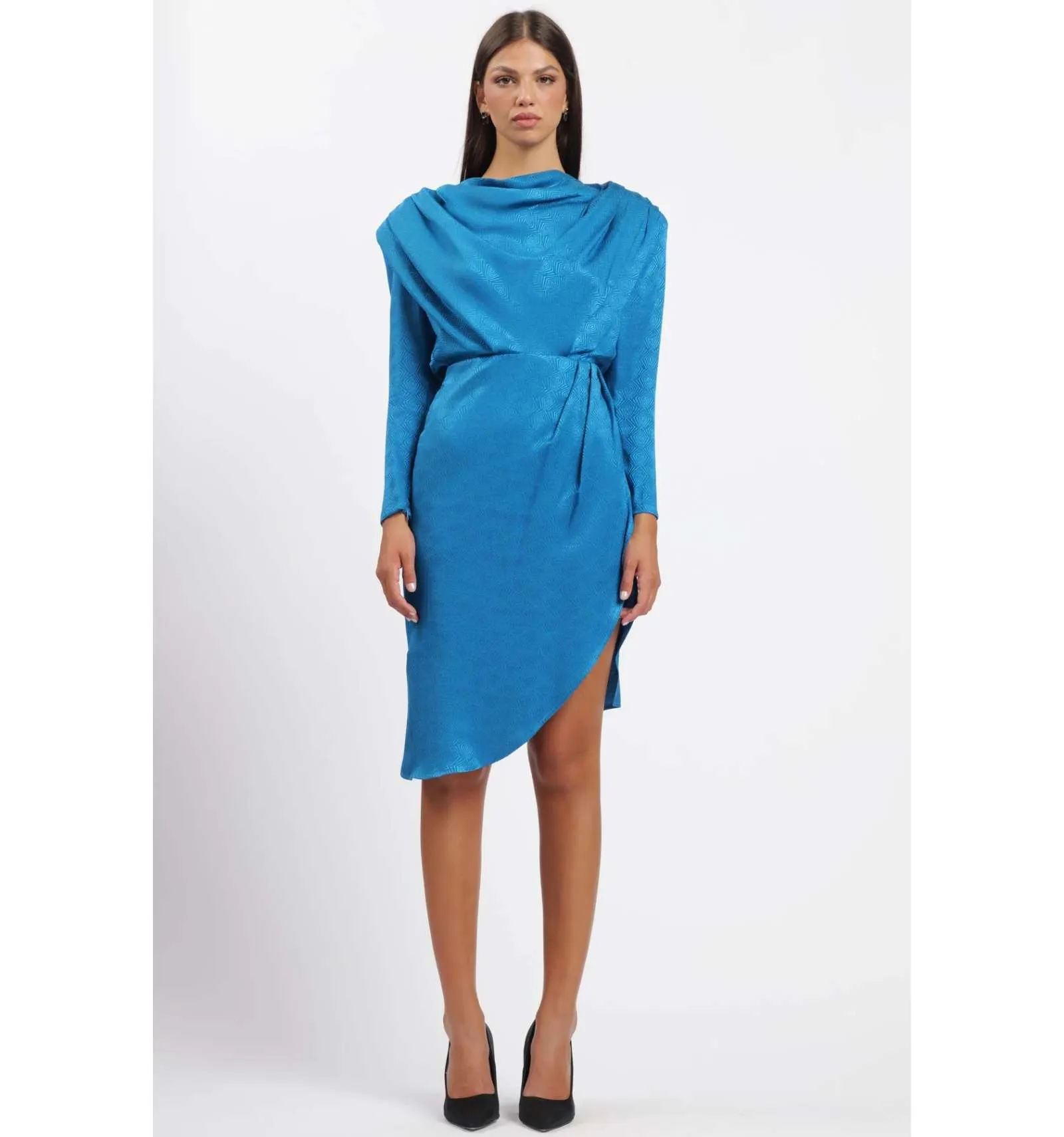 SILENCE LIMITED donna abito COLLAR PAVONE blu ottanio in raso con rombi