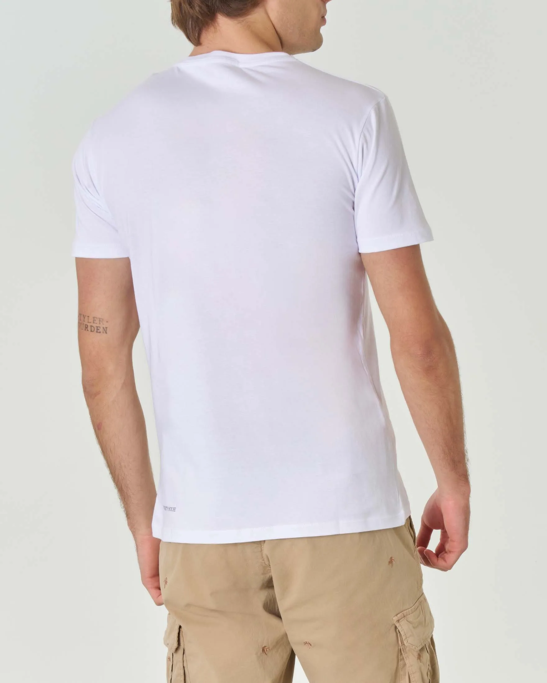 T-shirt bianca girocollo in puro cotone con stampa Gin Tonic e logo blu royal ricamato sul petto
