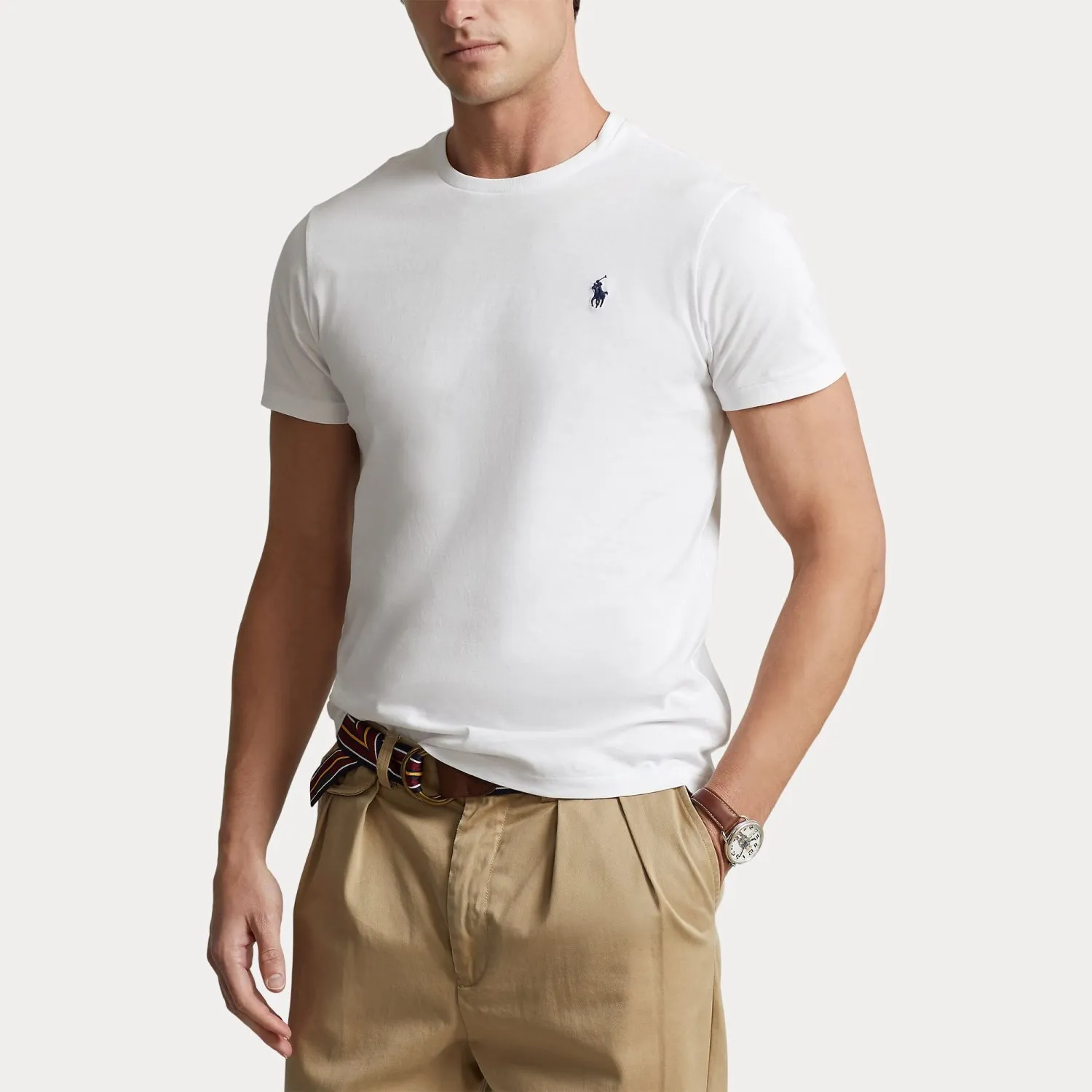 T-shirt bianca mezza manica custom slim-fit con logo pony blu