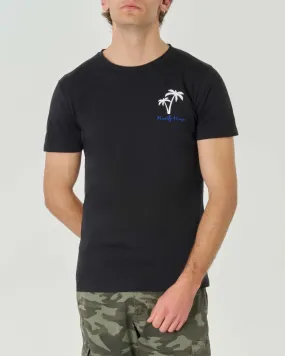 T-shirt nera in puro cotone con stampa palmette bianche e scritta blu royal ricamata sul petto