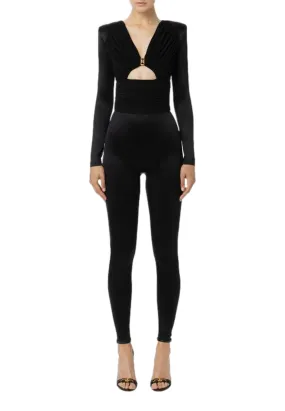 Tuta in lycra lucida con inserti plissé