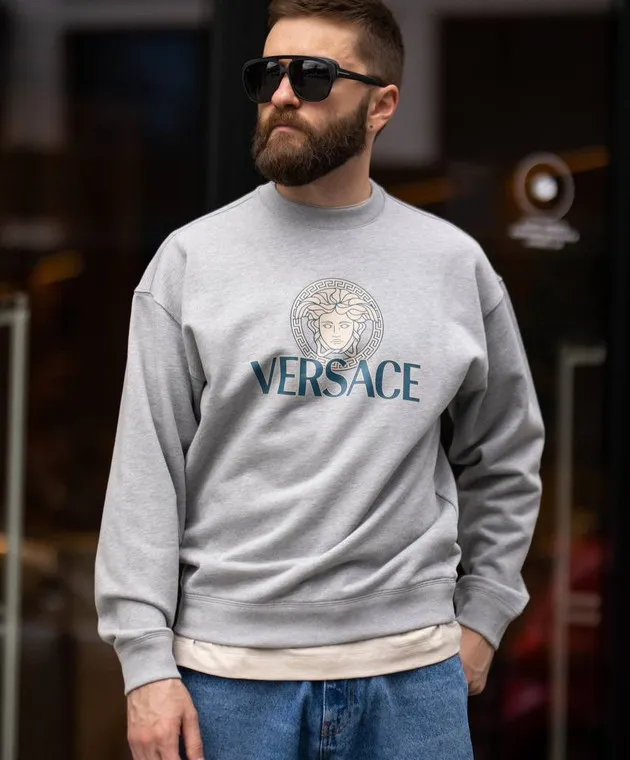 Versace Felpa grigio melange con stampa logo Medusa 10139691A11401
