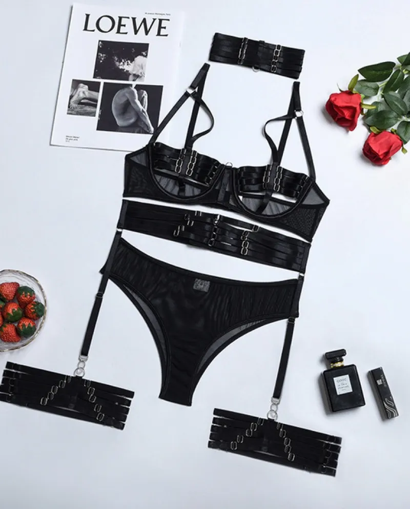 Yimunancy Set di 4 pezzi di reggiseno con fasciatura ritagliata Set di biancheria intima da donna Set di mutandine nere a rete S